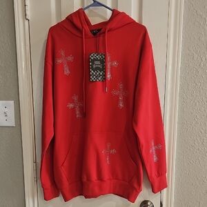 New Men's Rebel Vengeance Orange Red Rhinestone Cross Hoodie Unisex XL